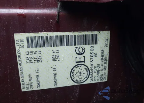 2010 Nissan Maxima 3.5 Sv from USA, damaged, VIN 1N4AA5AP2AC870560